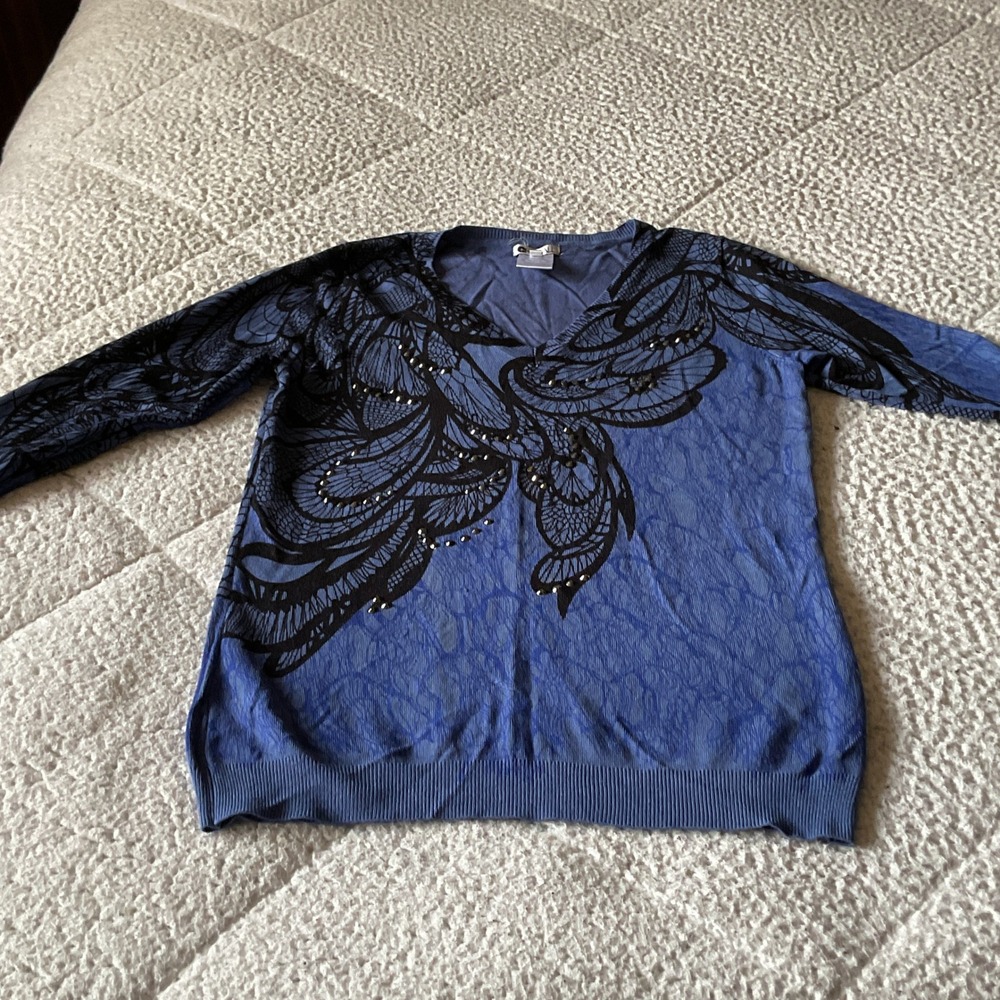 Chagall V-Neck Sweater Womens Medium Blue Excellent Rhinestone Lace Print